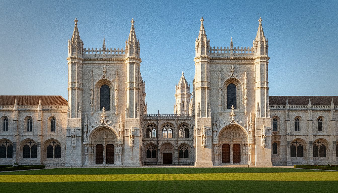La facciata in pietra calcarea del Monastero dos Jerónimos a Belém vista dal prato antistante