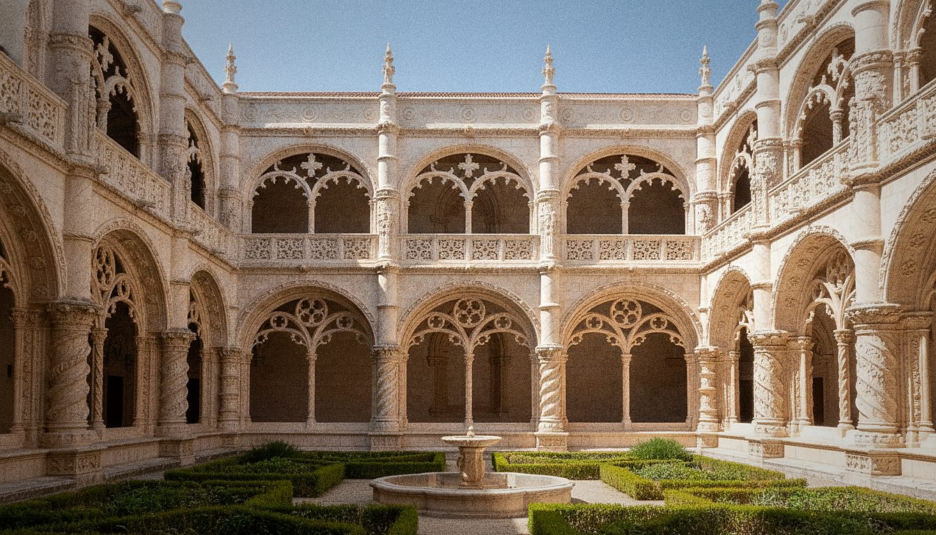 Visitatori nel chiostro manuelino a due piani del Monastero dos Jerónimos